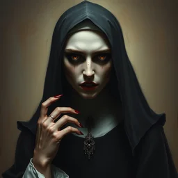 hyperrealistic artnouveau dark scary portrait oil painting of a seducing evilish vampire nun jackson mahomes!!!!! fine delicate details dark and blurry colors in style of michael hussar and alexandermcqueen