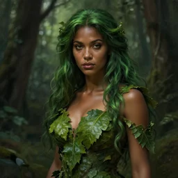 portrait of a forest mage, female, delicated facial features, dress made of green leaves, gorgeous, green hair, brown skin, curves, forest background, highly detailed, chiaroscuro, digital painting, artgerm and greg rutkowski and alphonse mucha