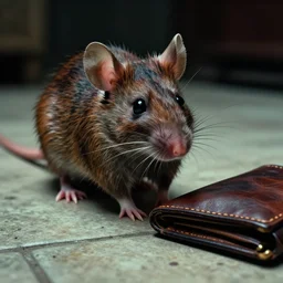 cinematic colorful horror artwork by artgerm, beksinski, wlop, stephen king ; real life full portrait close up of ugly furry mouse standing near old leather wallet lying on tiled clean floor, macro scale ; low angle ground level view ; haunting ominous scary, 8 k hdr, creepy intricate ; dark dramatic lighting, insanely detailed