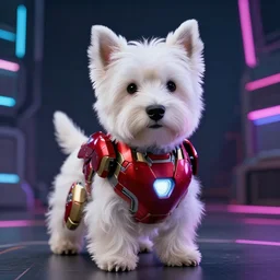 “An anthropomorphic West-Highland-White-Terrier iron man, UHD, hyperrealistic render, 4k, cyberpunk”