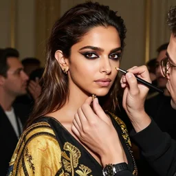 A beautiful portrait of Deepika Padukone as a model at Versace fashion show Paris Spring/Summer 2018, highly detailed, in the style of cinematic, fashionweek backstage,  makeup by Pat Mcgrath, Shot by Bruce Weber