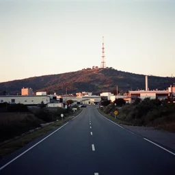 a road in a industrial zone, and a hill behind it with a radio tower on top, sunset, disposable camera filter