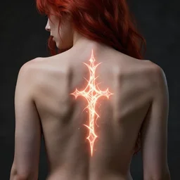 sigil of the eternal curse as a glowing tattoo on the back of a red-headed woman 4K trending on ArtStation by Kim Myatt