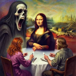 colorful vibrant sand art of the scream and the mona lisa playing magic the gathering at a table in valhalla | digital drawing by thomas cole, terese nielsen, and edvard escher guay, magically shaped surrealism, trending on artstation
