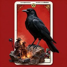 beautiful digital fantasy illustration of a black bird with a red background, vanitas, wiccan, tarot card, angel sitting on a rock, cowboy plague doctors, abyssal warmth, octane render, detail texture, unreal engine, poster art by victo ngai, 8 k, photographic quality, ultra hyper realistic quality