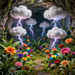 in a cave with a miniature hyper - realistic garden of bright coloured rainbow flowers and ferns : 4, highly symmetrical, balanced, lightning clouds : 6, octane render, in the style of sahm : 3, hd, 4 k, ultra - realistic, in unreal engine