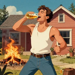 a redneck man wearing a tank top, drinking beer, doing a thumbs up gesture, dancing, laughing at his house being on fire, high quality, detailed, a beautiful retrowave artwork, trending on artstation