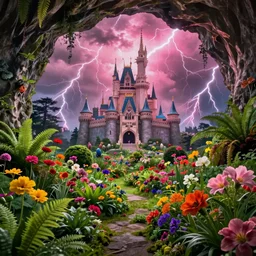 inside of a cave with a hyper - realistic garden of bright coloured natural flowers and ferns : 4, overlooking a castle with pink lightning clouds : 1, highly symmetrical, balanced, lightning clouds : 6, octane render, in the style of sahm : 8 hd, 4 k, ultra - realistic, in unreal engine