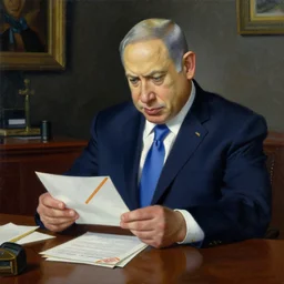 painting of benjamin netanyahu sitting in a dark room answering fan mail, stressed expression, by norman rockwell