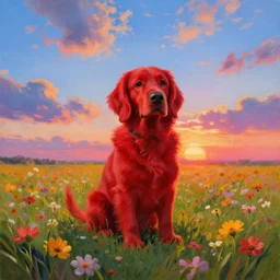 a clifford the big red dog, surreal photography, flower field, sunset on a summer day light, impressionist painting, colorful clouds, blue sky, digital painting, artstation, simon stalenhag