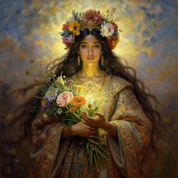 portrait oil painting, a beautiful young dark woman, floral headdress, flowers, glowing figure, holding a bouquet of flowers, long flowing hair, ornate robe, ultra realistic, wide angle, intricate details, artifacts, luminous skies, highly detailed, michael cheval, peter mohrbacher, boris vallejo, jessica rossier, oil painting, highly detailed, cinematic lighting