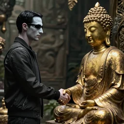 Neo from The Matrix shaking hands with Buddha after getting enlightened