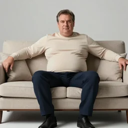 full body artistic photo of steve, mature male, wise face. he is a doctor. he is sitting gracefully on a sofa, elegant tight beige shirt. he has enormous belly