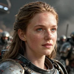 VFX movie of a futuristic spacemarine closeup portrait in war zone, beautiful natural skin natural lighting by Emmanuel Lubezki