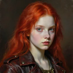 head and shoulders portrait of a young girl in a leather jacket, pale skin, red hair, vibrant color, steampunk, high detail, beautiful painting by artgerm caravaggio and ruan jia and and craig mullins
