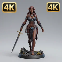 80mm resin detailed miniature of a Dark Elf Female, Dagger, dark brown skin, Product Introduction Photos, 4K, Full body