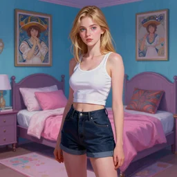 eleanor tomlinson, posing, vaporwave, bedroom, highly detailed, digital painting, artstation, concept art, smooth, sharp focus, illustration, art by artgerm and greg rutkowski and alphonse mucha