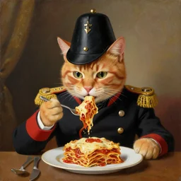 Painting of the orange cat Otto von Garfield, Count of Bismarck-Schönhausen, Duke of Lauenburg, Minister-President of Prussia. Depicted wearing a Prussian Pickelhaube and eating his favorite meal lasagna
