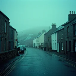 dystopian image exploring a foggy irish town drenched in aquamarine light, filmed on grainy super 8 film