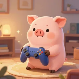 a cartoonish cute anthropomorphic pig playing video games, in a comfy house, warm lighting, magical atmosphere, trending on artstation, 30mm, by Noah Bradley trending on ArtStation, deviantart, high detail, stylized portrait