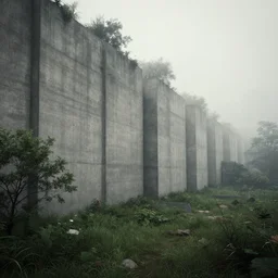 An overgrown sanctuary on the side of a gigantic concrete wall structure, architecture, cinematic, foggy, octane render, muted colour pallete