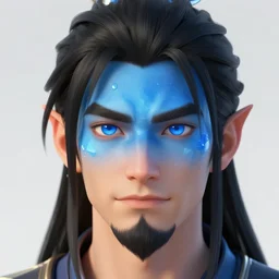 blue forehead crystal, male black haired half elf, goatee, blue eyes, artstation, style of jesper ejsing, by rhads, makoto shinkai and lois van baarle, ilya kuvshinov, ossdraws