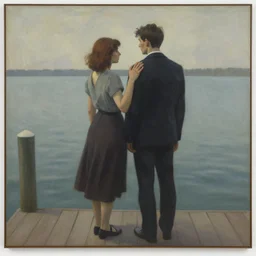 dieselpunk by kevin sloan, by j. j. grandville offhand, romantic. a beautiful installation art of a man & a woman are standing on a dock, looking out at a body of water. the woman has her hand on the man's shoulder, & they appear to be deep in conversation. the colors in the installation art are muted, & the scene has a calming feeling.