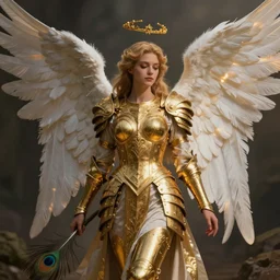 beautiful angel with peacock feather ,golden armor