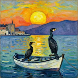 rising sun ( ( ( fishing cormorant, fishing boat ) ) ) on the naples bay, by kandinsky