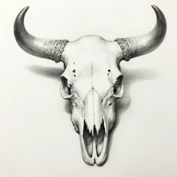 cow skull, pencil drawing, pencil, black, sketch, on paper, realistic, detailed, artstation