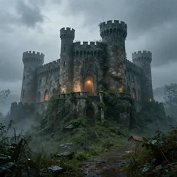 matte painting, castle, dramatic landscape, overgrown, cinematic, overcast, interior light, rain, slight fog, mystical