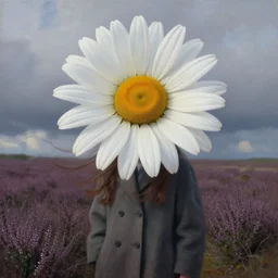 portrait, enormous daisy flower head, a girl wearing coat in heather field, surreal photography, wind cold, dramatic sky, impressionist painting, digital painting, artstation, simon stalenhag