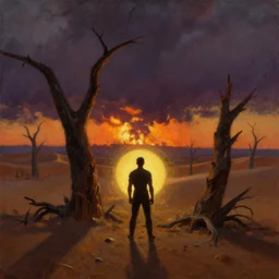 backlight lighting desert with broken trees, backlight lighting a silhouette of a muscular man watching end of the world , nuclear explosion in far away, sunset moody panorama oil painting by frazetta