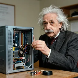 photo of albert einstein building a pc