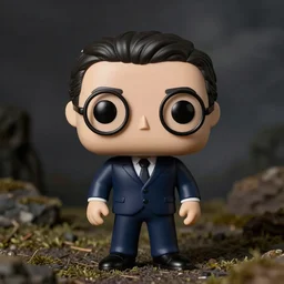 asian male with rounded glasses, flat nose, navy coloured suit and tie, funko pop