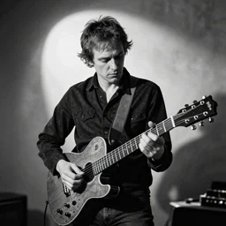 Jonny Greenwood playing a guitar in a black and white photo, a black and white photo by David Gilmour Blythe, featured on tumblr, toyism, groovy, psychedelic, ilya kuvshinov