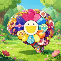 A brain made of colorful flowers in a peaceful garden, vibrant digital art by Takashi Murakami