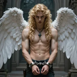 handsome blond cyborg Lucius as a muscular angel handcuffed, pale androgynous young man with long fluffy blond curly hair, urban fantasy romance book cover, D&D!, fantasy style, sharp focus!, ultra detailed, art by Artgerm and Peter Andrew Jones, WLUP
