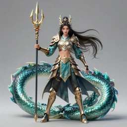 game character beautiful sea dragon warrior woman with armor, long hair, holding trident, by Ruan Jia and Gil Elvgren, fullbody