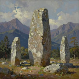 runestone, monument, megalithic, nature, trees, mountains, oil painting