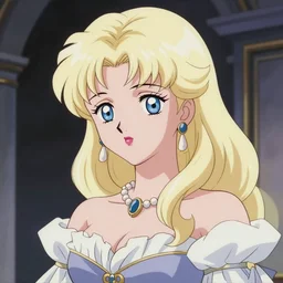 Platinum-blonde-haired hime cut blue-eyed French empress, 1977 anime, retro anime style
