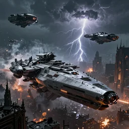 sci-fi warship in a cyberpunk gothic city, rich contrast, spaceships in sky, grimdark feeling, explosions and fire, a lightning-storm in the background, hyperrealistic, Cryengine 8k UHD