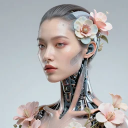 beautiful flower woman photorealistic cyborg