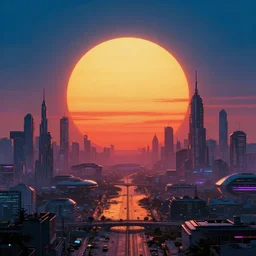 wide angle, a giant sun, sunset with futuristic city under sun, futuristic lanscape, cyberpunk art by ilya kuvshinov, peter elson, instagram contest winner, retrofuturism, synthwave, retrowave, darksynth