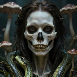 epic portrait 💀 wearing 🐍 with 🍄, cinematic shot, hyper realistic, mood lighting, fantasy, detailed face, highly detailed, super realistic, perfect lighting