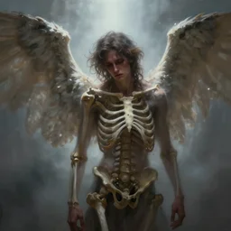 a masterful fantastic realist painting of an enchanting man with skeletal wings, unusual moody, beautiful sorrow, digital painting trending on artstation, volumetric lightning and mist, hyperrealistic, octane render