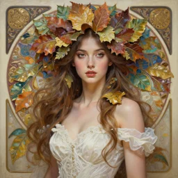 a beautiful woman in white dress in intricate detailed color oilpaint, 3 d render, hyper realistic detailed portrait, big flocking color leaves, ornate leaves, elegant, intense colors, ruan jia, wlop. scifi, fantasy, hyper detailed, octane render, concept art, by peter mohrbacher, by alphonse mucha, by wlop, by ruan jia