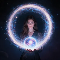 woman holds portal to universe | style of cedric peyravernay wlop greg rutkowski, fantasy, epic, raytraced lighting, volumetric lighting, unreal engine 5