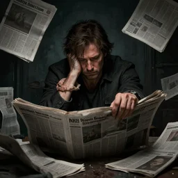 sad alex jones surrounded by newspapers in a dark murky room, highdetailed illustration