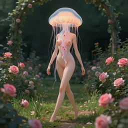 anthropomorphic female jellyfish walking in a rose garden, au naturel, digital art, sharp focus, by greg rutkowski, artstation cgsociety